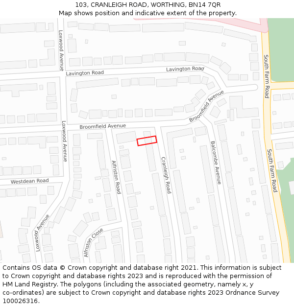 103, CRANLEIGH ROAD, WORTHING, BN14 7QR: Location map and indicative extent of plot