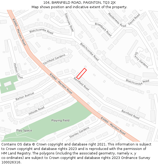 104, BARNFIELD ROAD, PAIGNTON, TQ3 2JX: Location map and indicative extent of plot