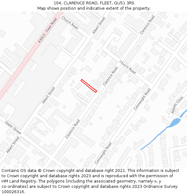 104, CLARENCE ROAD, FLEET, GU51 3RS: Location map and indicative extent of plot