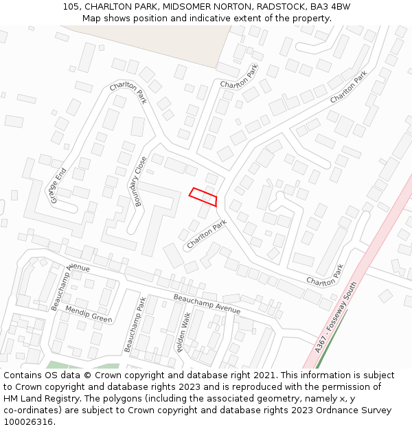 105, CHARLTON PARK, MIDSOMER NORTON, RADSTOCK, BA3 4BW: Location map and indicative extent of plot