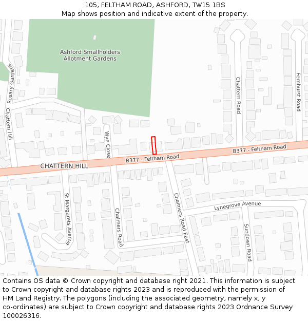 105, FELTHAM ROAD, ASHFORD, TW15 1BS: Location map and indicative extent of plot