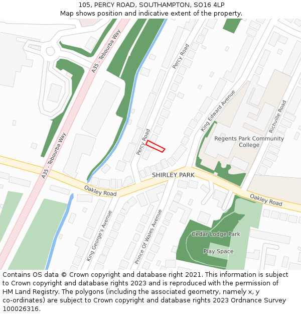 105, PERCY ROAD, SOUTHAMPTON, SO16 4LP: Location map and indicative extent of plot