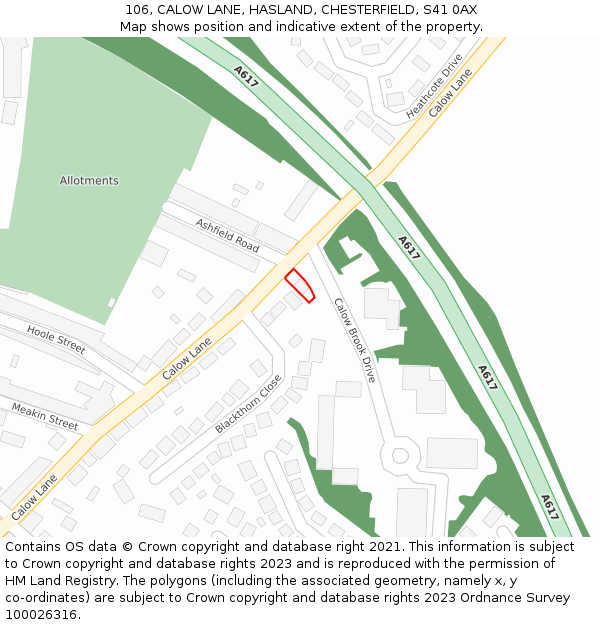 106, CALOW LANE, HASLAND, CHESTERFIELD, S41 0AX: Location map and indicative extent of plot