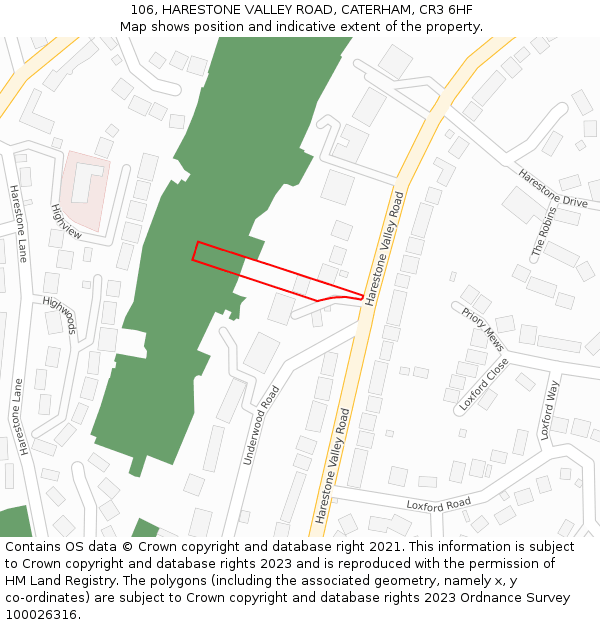 106, HARESTONE VALLEY ROAD, CATERHAM, CR3 6HF: Location map and indicative extent of plot