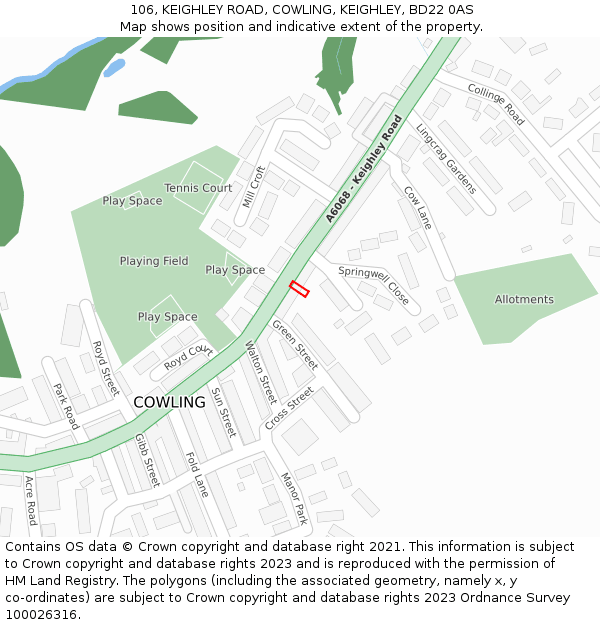 106, KEIGHLEY ROAD, COWLING, KEIGHLEY, BD22 0AS: Location map and indicative extent of plot