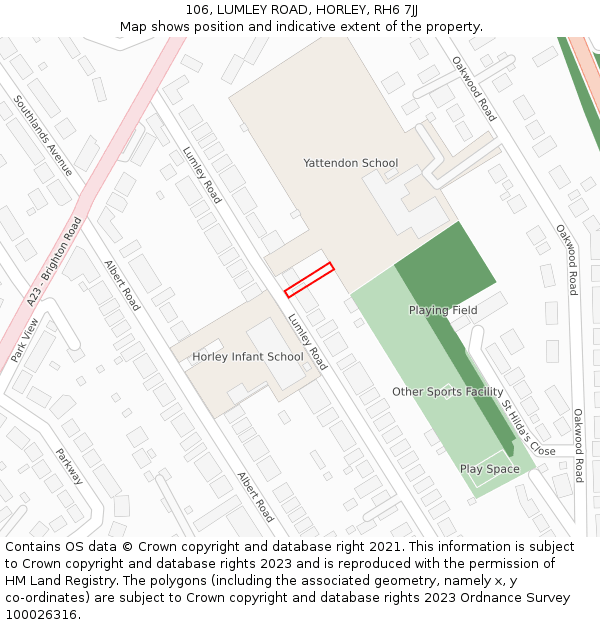106, LUMLEY ROAD, HORLEY, RH6 7JJ: Location map and indicative extent of plot