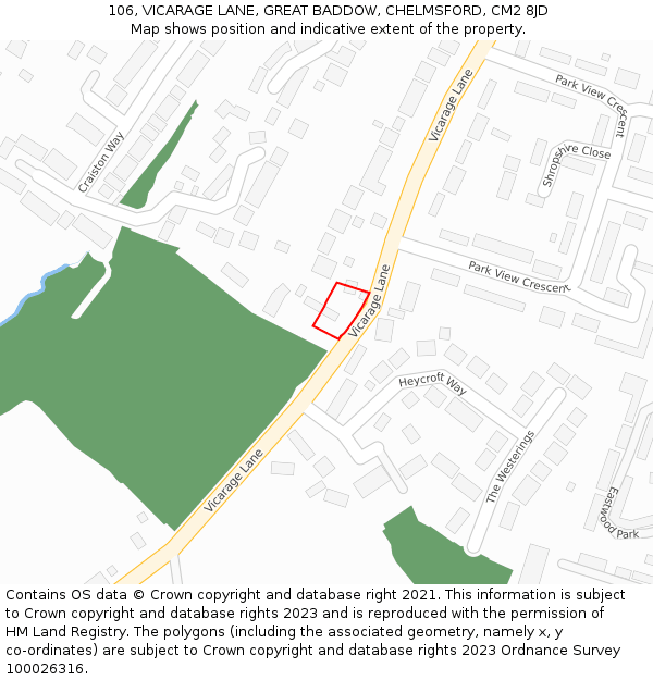 106, VICARAGE LANE, GREAT BADDOW, CHELMSFORD, CM2 8JD: Location map and indicative extent of plot