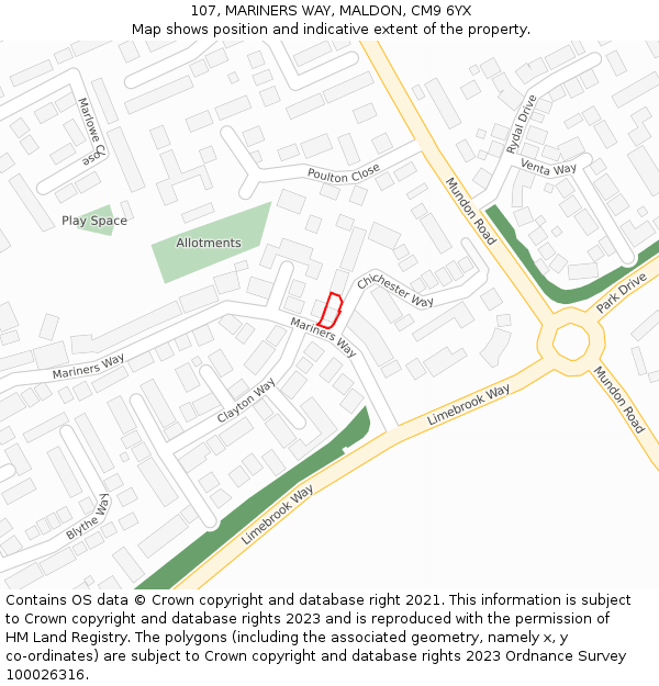 107, MARINERS WAY, MALDON, CM9 6YX: Location map and indicative extent of plot