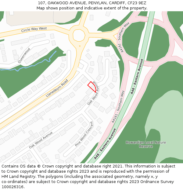 107, OAKWOOD AVENUE, PENYLAN, CARDIFF, CF23 9EZ: Location map and indicative extent of plot