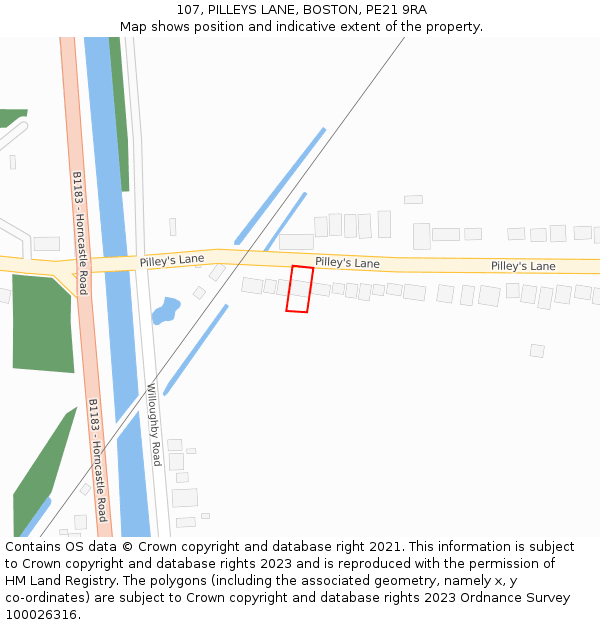 107, PILLEYS LANE, BOSTON, PE21 9RA: Location map and indicative extent of plot