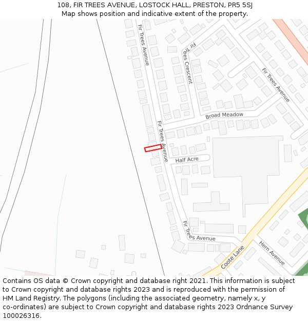 108, FIR TREES AVENUE, LOSTOCK HALL, PRESTON, PR5 5SJ: Location map and indicative extent of plot