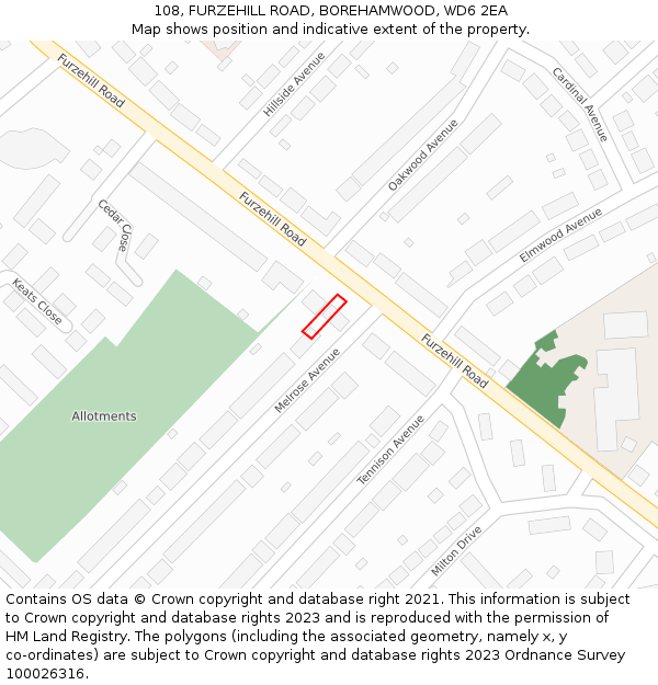 108, FURZEHILL ROAD, BOREHAMWOOD, WD6 2EA: Location map and indicative extent of plot