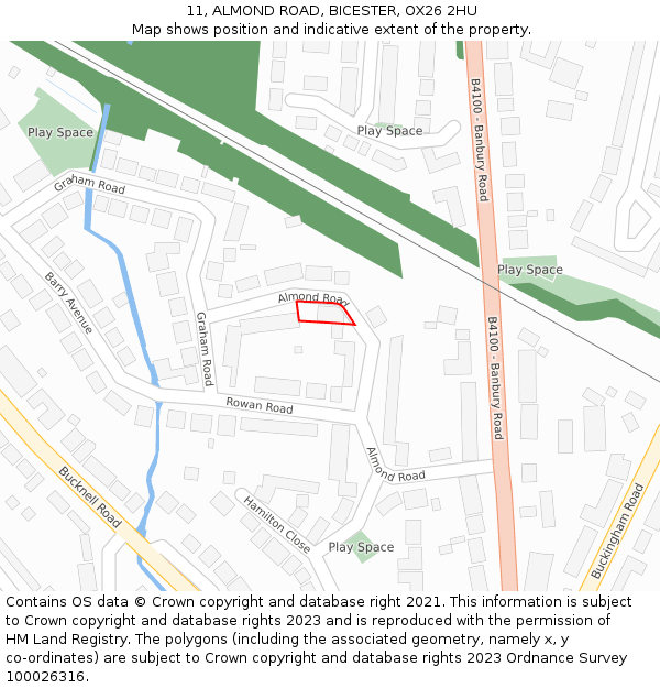 11, ALMOND ROAD, BICESTER, OX26 2HU: Location map and indicative extent of plot