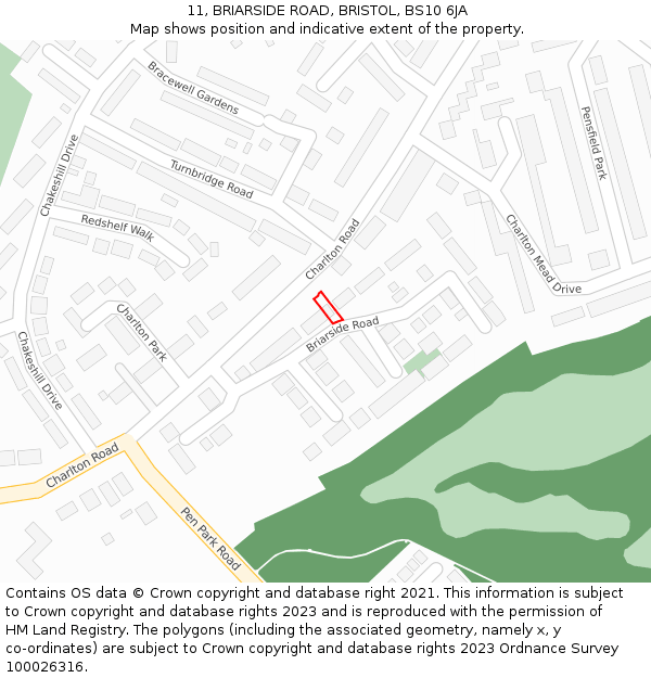11, BRIARSIDE ROAD, BRISTOL, BS10 6JA: Location map and indicative extent of plot