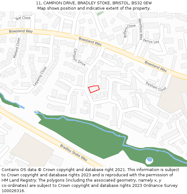11, CAMPION DRIVE, BRADLEY STOKE, BRISTOL, BS32 0EW: Location map and indicative extent of plot