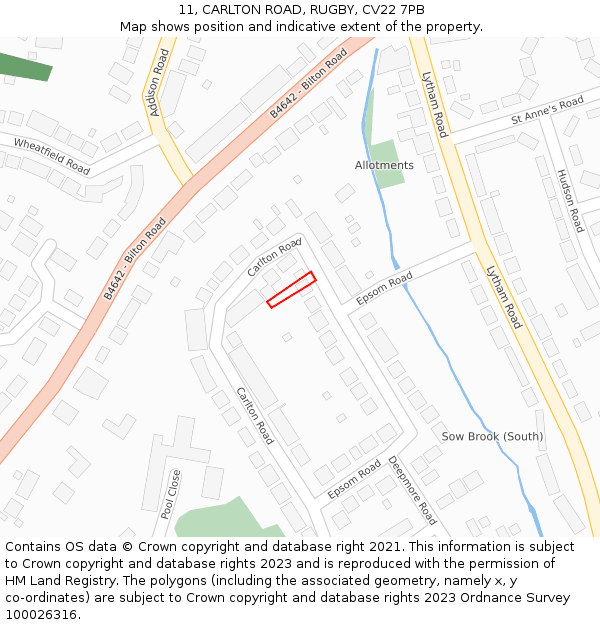 11, CARLTON ROAD, RUGBY, CV22 7PB: Location map and indicative extent of plot
