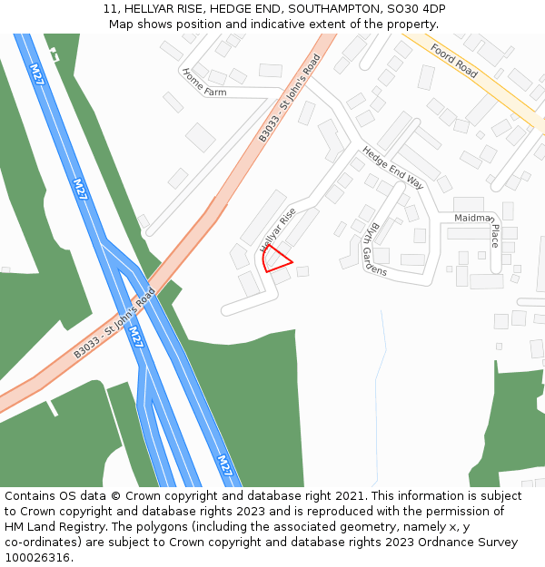 11, HELLYAR RISE, HEDGE END, SOUTHAMPTON, SO30 4DP: Location map and indicative extent of plot