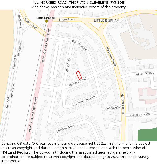 11, NORKEED ROAD, THORNTON-CLEVELEYS, FY5 1QE: Location map and indicative extent of plot