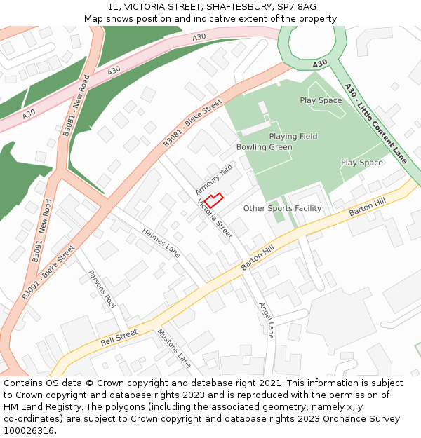 11, VICTORIA STREET, SHAFTESBURY, SP7 8AG: Location map and indicative extent of plot