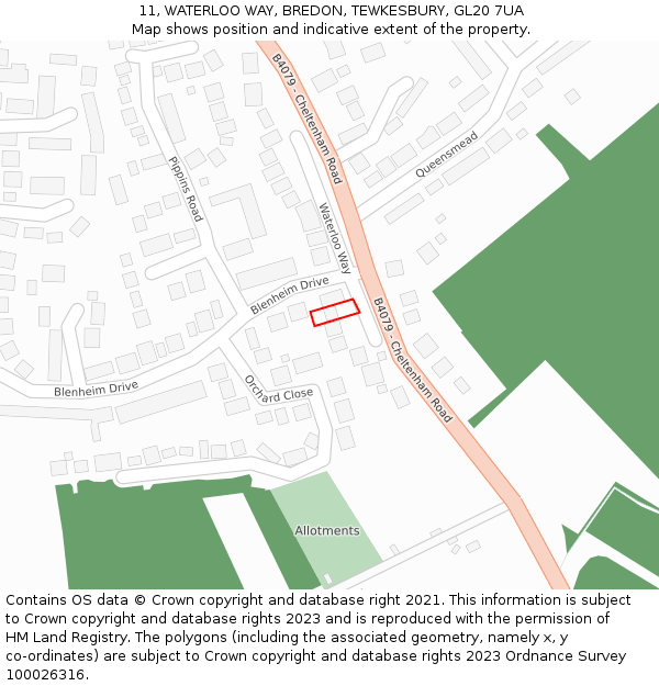 11, WATERLOO WAY, BREDON, TEWKESBURY, GL20 7UA: Location map and indicative extent of plot