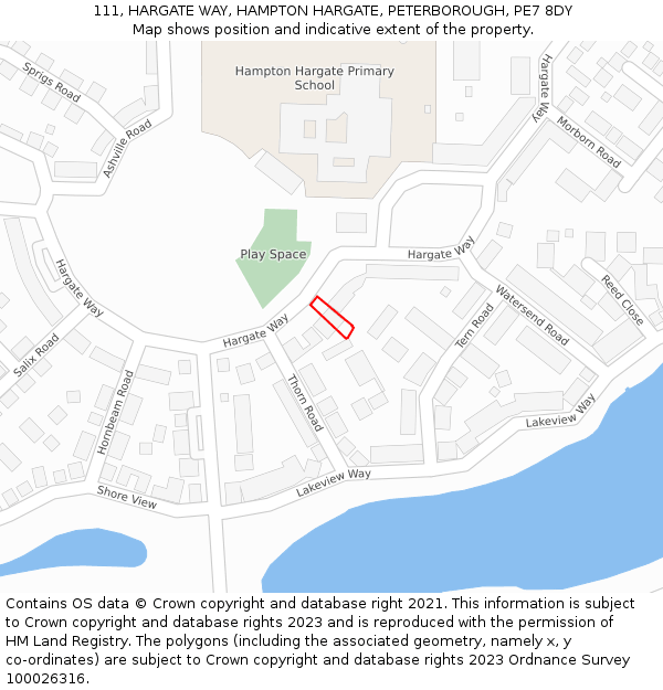 111, HARGATE WAY, HAMPTON HARGATE, PETERBOROUGH, PE7 8DY: Location map and indicative extent of plot