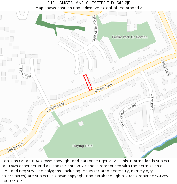 111, LANGER LANE, CHESTERFIELD, S40 2JP: Location map and indicative extent of plot