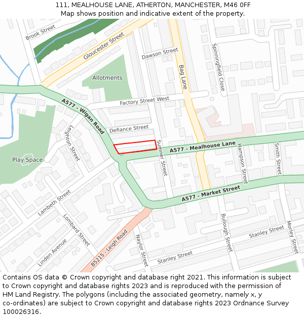 111, MEALHOUSE LANE, ATHERTON, MANCHESTER, M46 0FF: Location map and indicative extent of plot