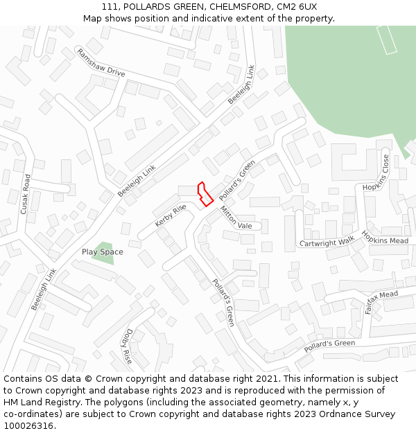 111, POLLARDS GREEN, CHELMSFORD, CM2 6UX: Location map and indicative extent of plot