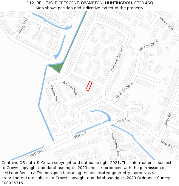 112, BELLE ISLE CRESCENT, BRAMPTON, HUNTINGDON, PE28 4SQ: Location map and indicative extent of plot