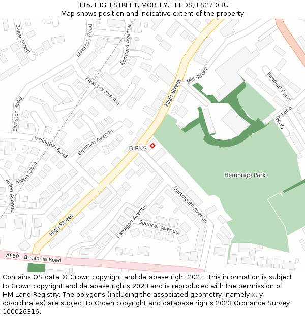 115, HIGH STREET, MORLEY, LEEDS, LS27 0BU: Location map and indicative extent of plot