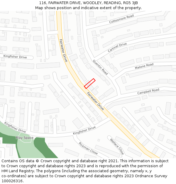 116, FAIRWATER DRIVE, WOODLEY, READING, RG5 3JB: Location map and indicative extent of plot