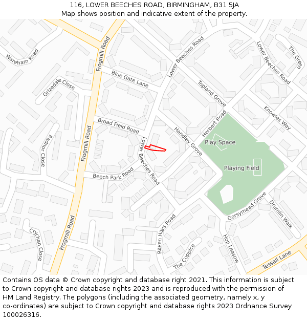 116, LOWER BEECHES ROAD, BIRMINGHAM, B31 5JA: Location map and indicative extent of plot