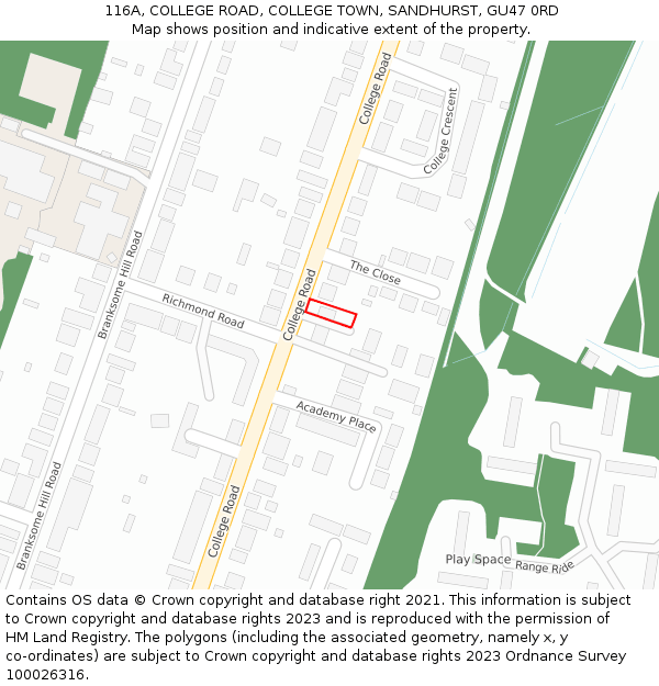 116A, COLLEGE ROAD, COLLEGE TOWN, SANDHURST, GU47 0RD: Location map and indicative extent of plot