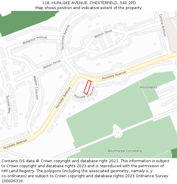 118, HUNLOKE AVENUE, CHESTERFIELD, S40 2PD: Location map and indicative extent of plot