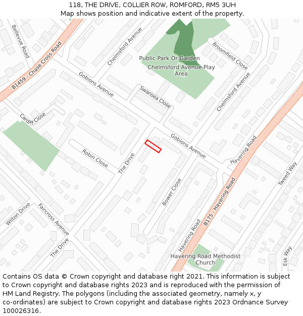 118, THE DRIVE, COLLIER ROW, ROMFORD, RM5 3UH: Location map and indicative extent of plot