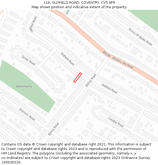 119, OLDFIELD ROAD, COVENTRY, CV5 8FR: Location map and indicative extent of plot