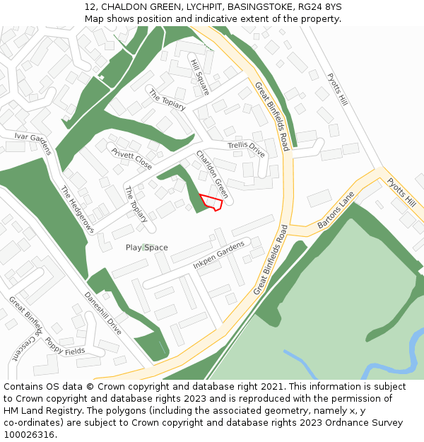 12, CHALDON GREEN, LYCHPIT, BASINGSTOKE, RG24 8YS: Location map and indicative extent of plot
