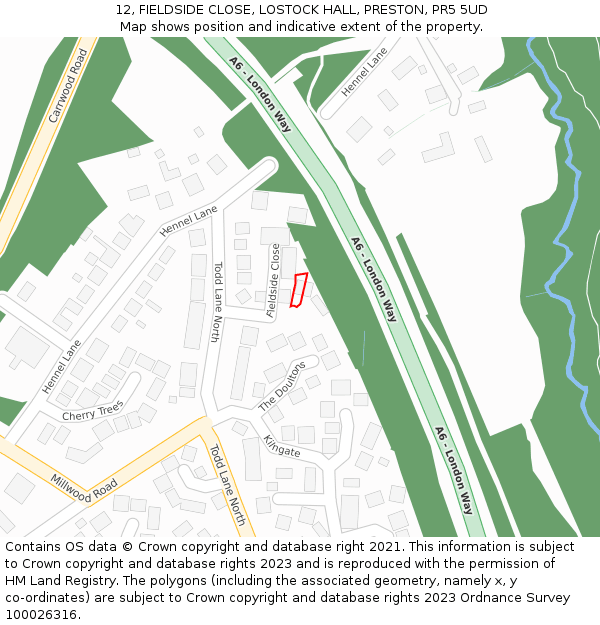 12, FIELDSIDE CLOSE, LOSTOCK HALL, PRESTON, PR5 5UD: Location map and indicative extent of plot