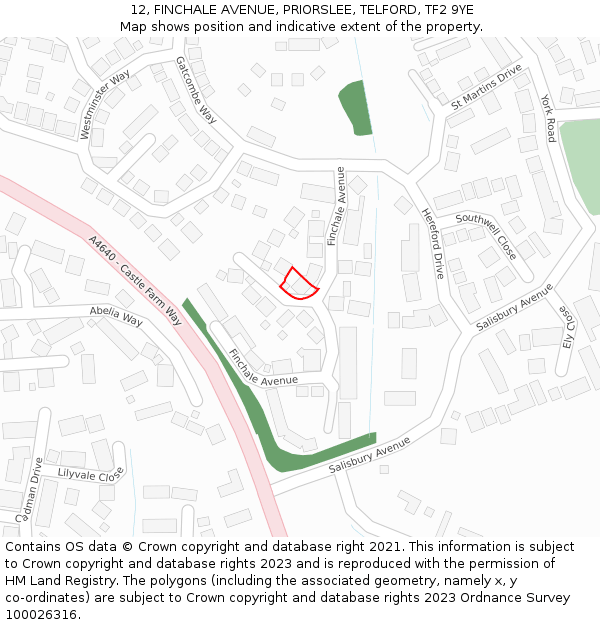 12, FINCHALE AVENUE, PRIORSLEE, TELFORD, TF2 9YE: Location map and indicative extent of plot