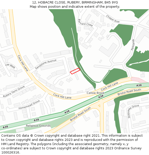 12, HOBACRE CLOSE, RUBERY, BIRMINGHAM, B45 9YG: Location map and indicative extent of plot