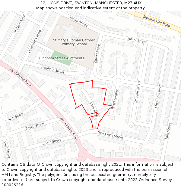 12, LIONS DRIVE, SWINTON, MANCHESTER, M27 4UX: Location map and indicative extent of plot