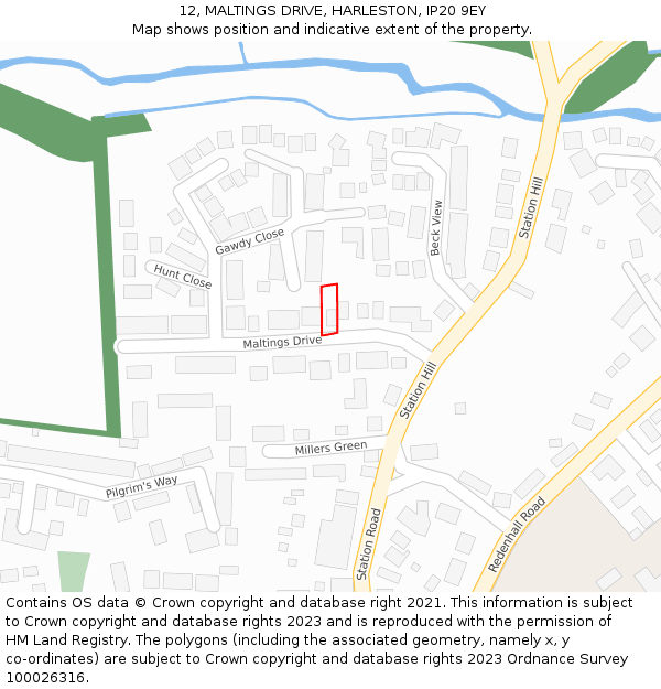12, MALTINGS DRIVE, HARLESTON, IP20 9EY: Location map and indicative extent of plot