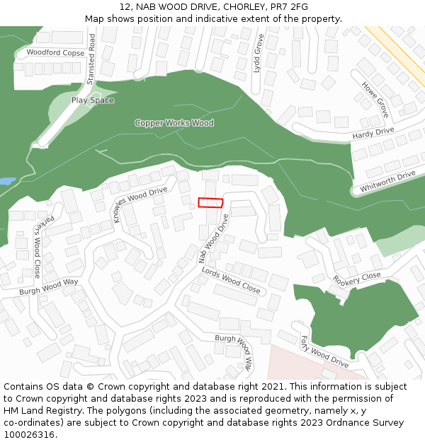 12, NAB WOOD DRIVE, CHORLEY, PR7 2FG: Location map and indicative extent of plot