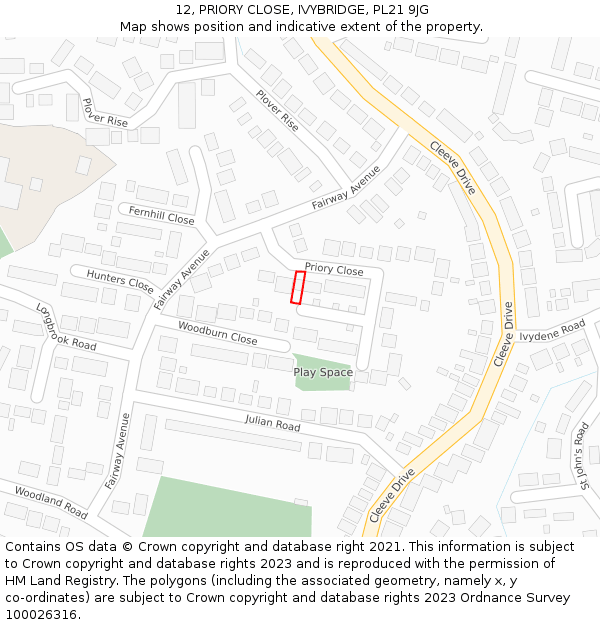 12, PRIORY CLOSE, IVYBRIDGE, PL21 9JG: Location map and indicative extent of plot