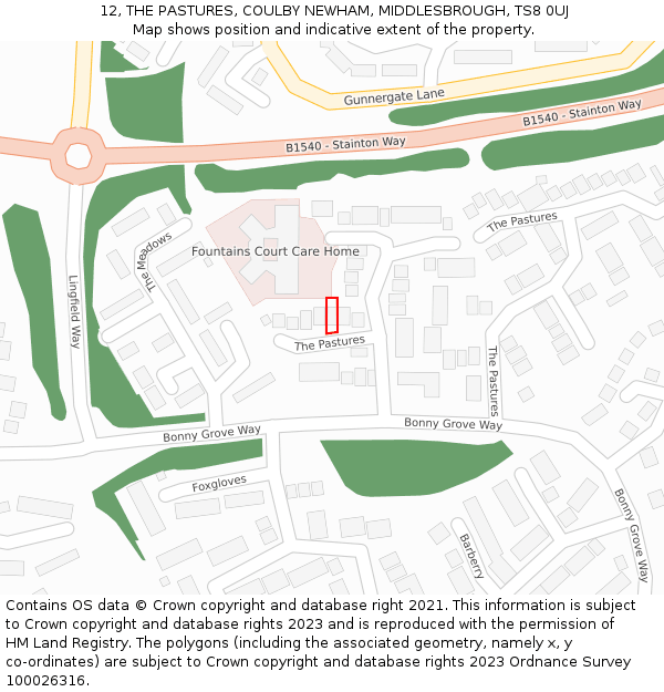 12, THE PASTURES, COULBY NEWHAM, MIDDLESBROUGH, TS8 0UJ: Location map and indicative extent of plot