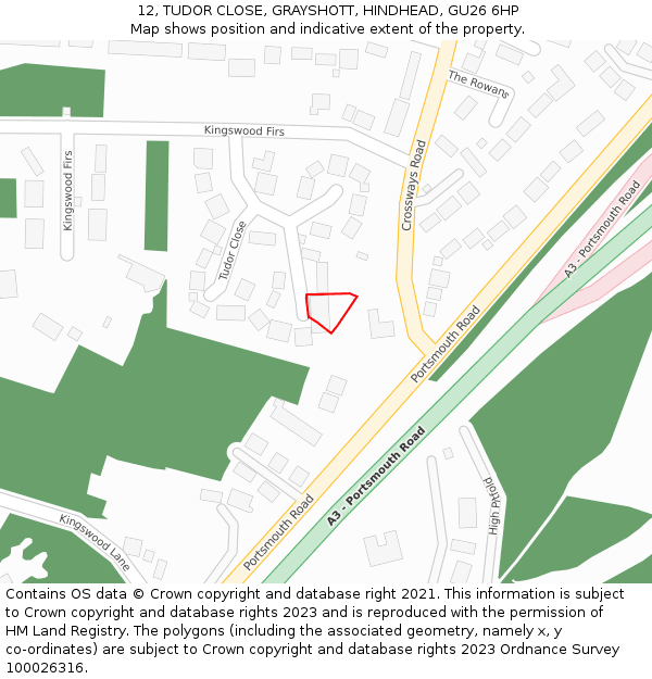 12, TUDOR CLOSE, GRAYSHOTT, HINDHEAD, GU26 6HP: Location map and indicative extent of plot