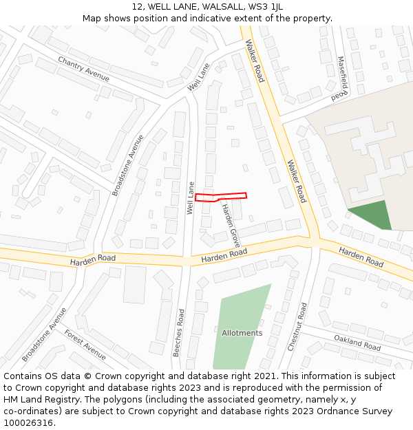 12, WELL LANE, WALSALL, WS3 1JL: Location map and indicative extent of plot
