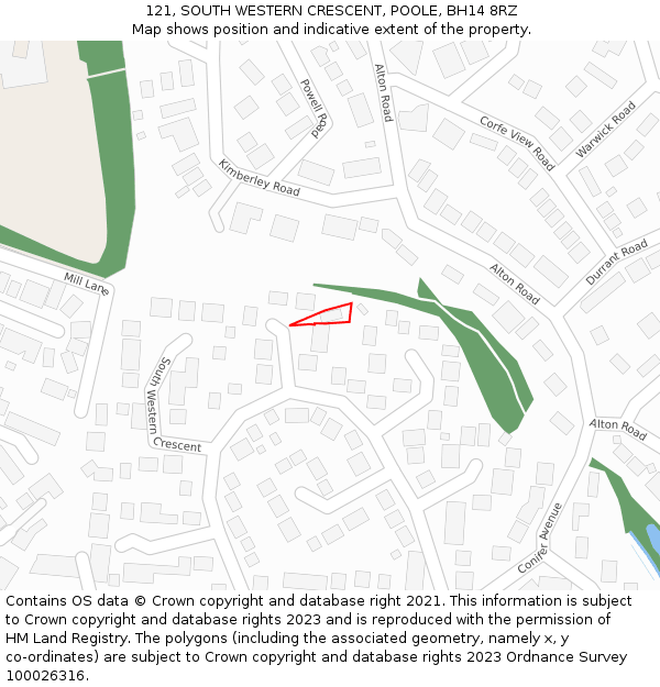 121, SOUTH WESTERN CRESCENT, POOLE, BH14 8RZ: Location map and indicative extent of plot