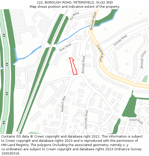 122, BOROUGH ROAD, PETERSFIELD, GU32 3ND: Location map and indicative extent of plot