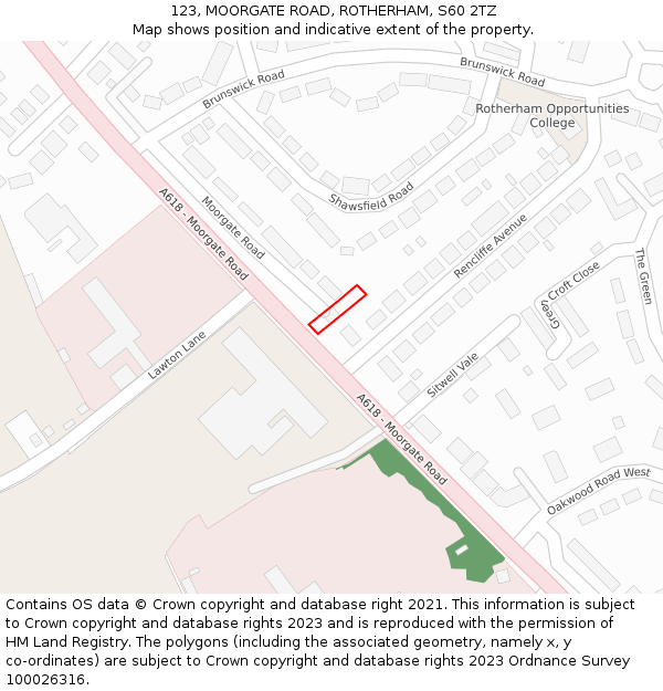 123, MOORGATE ROAD, ROTHERHAM, S60 2TZ: Location map and indicative extent of plot